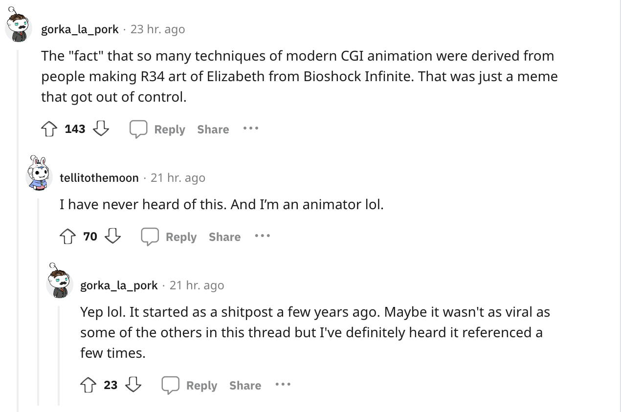 document - gorka_la_pork 23 hr. ago The "fact" that so many techniques of modern Cgi animation were derived from people making R34 art of Elizabeth from Bioshock Infinite. That was just a meme that got out of control. 143 tellitothemoon 21 hr. ago I have 